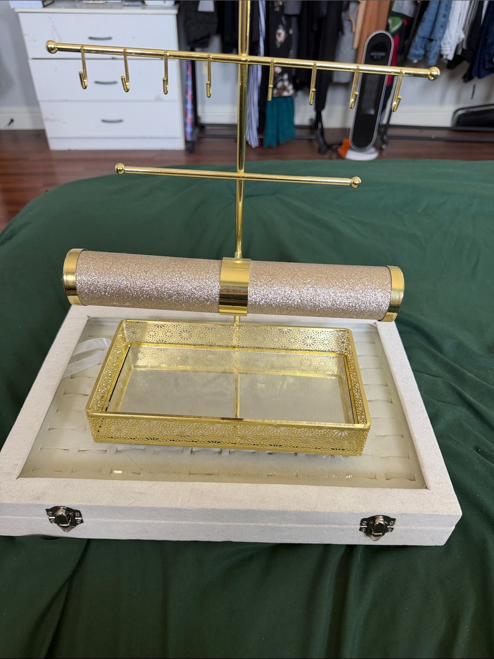Gold Jewelry Organizer Stand and white ring organizer.